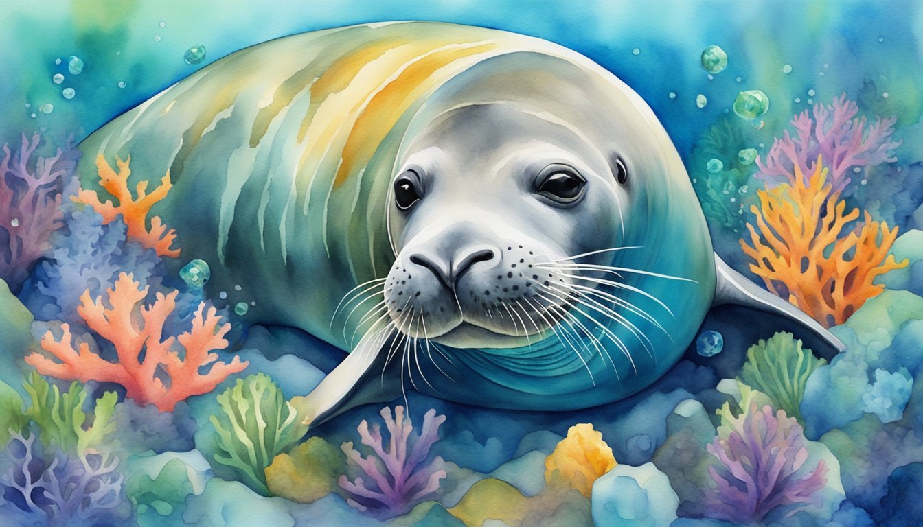 Watercolor painting of a seal among colorful coral reefs.