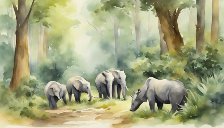 Watercolor painting of elephants and rhino in forest.