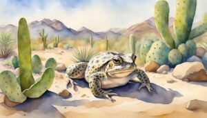 Watercolor of a toad among cacti in desert landscape.