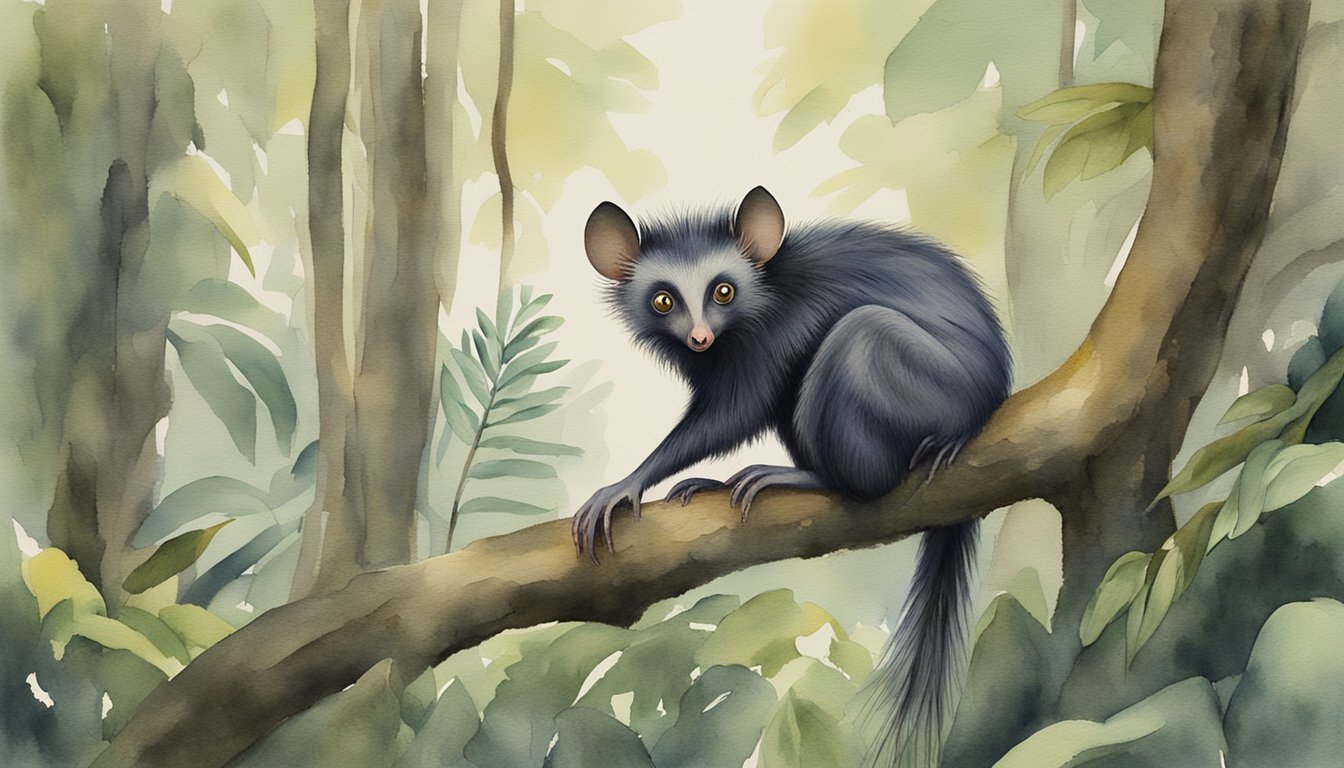 Aye-aye lemur on a tree branch in a dense forest.