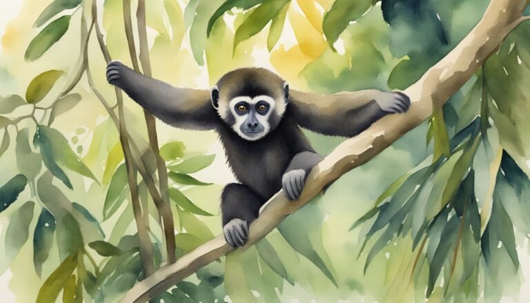 Gibbon sitting on tree branch in lush forest.