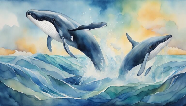 Watercolor painting of two humpback whales leaping in ocean