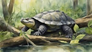 Tortoise on riverbank in lush forest setting.