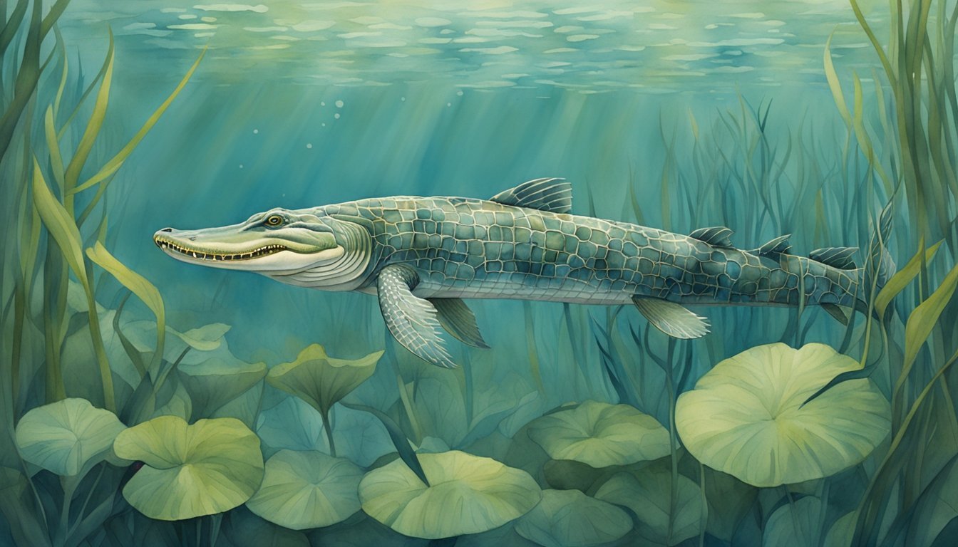 Underwater painting of a gar swimming beside lily pads.