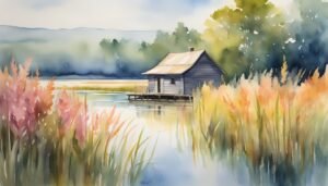 Watercolor painting of lakeside cabin amidst colorful foliage.