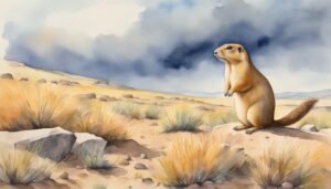 Prairie dog standing in a desert landscape.