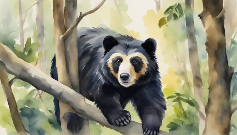 Spectacled bear in a misty forest, watercolor illustration.