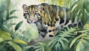 Watercolor painting of a leopard in lush jungle.