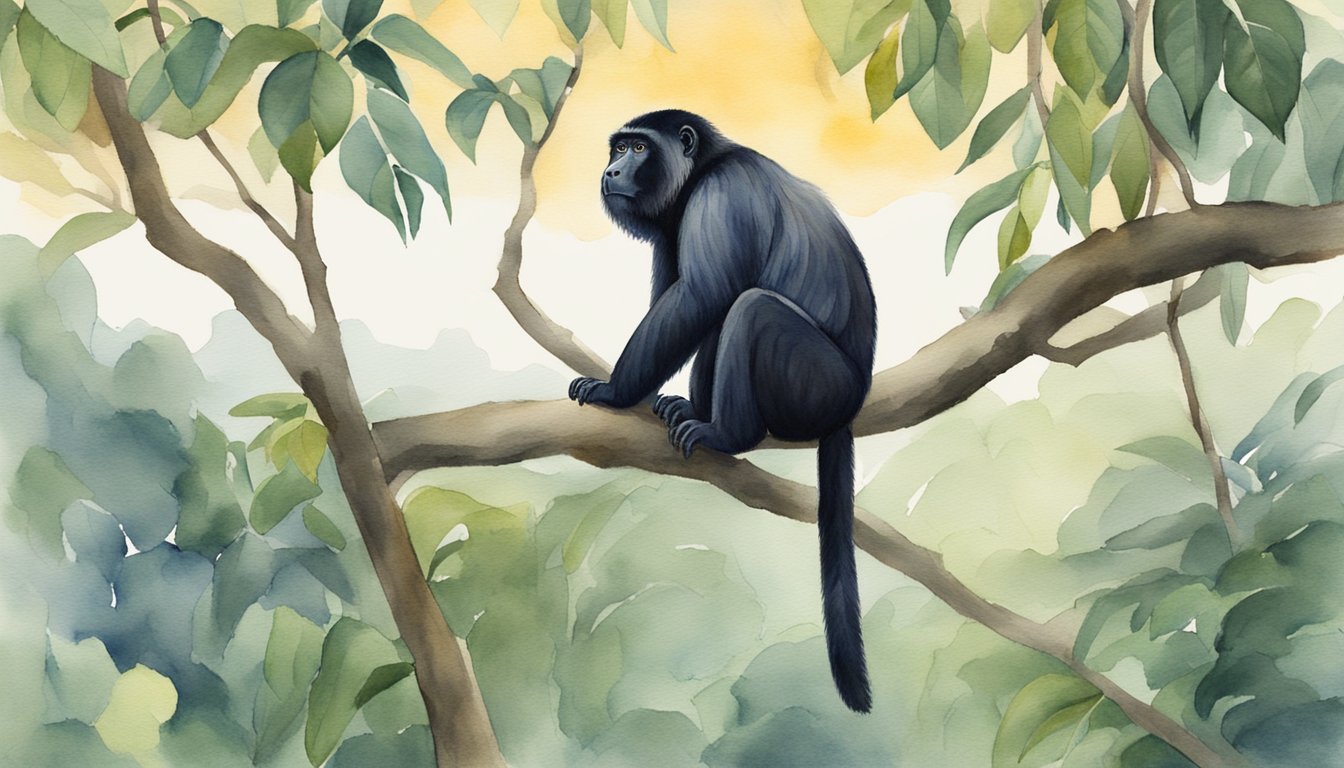 Watercolor of monkey perched in lush tree.