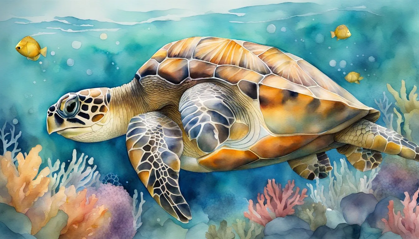 Watercolor painting of a sea turtle swimming underwater.