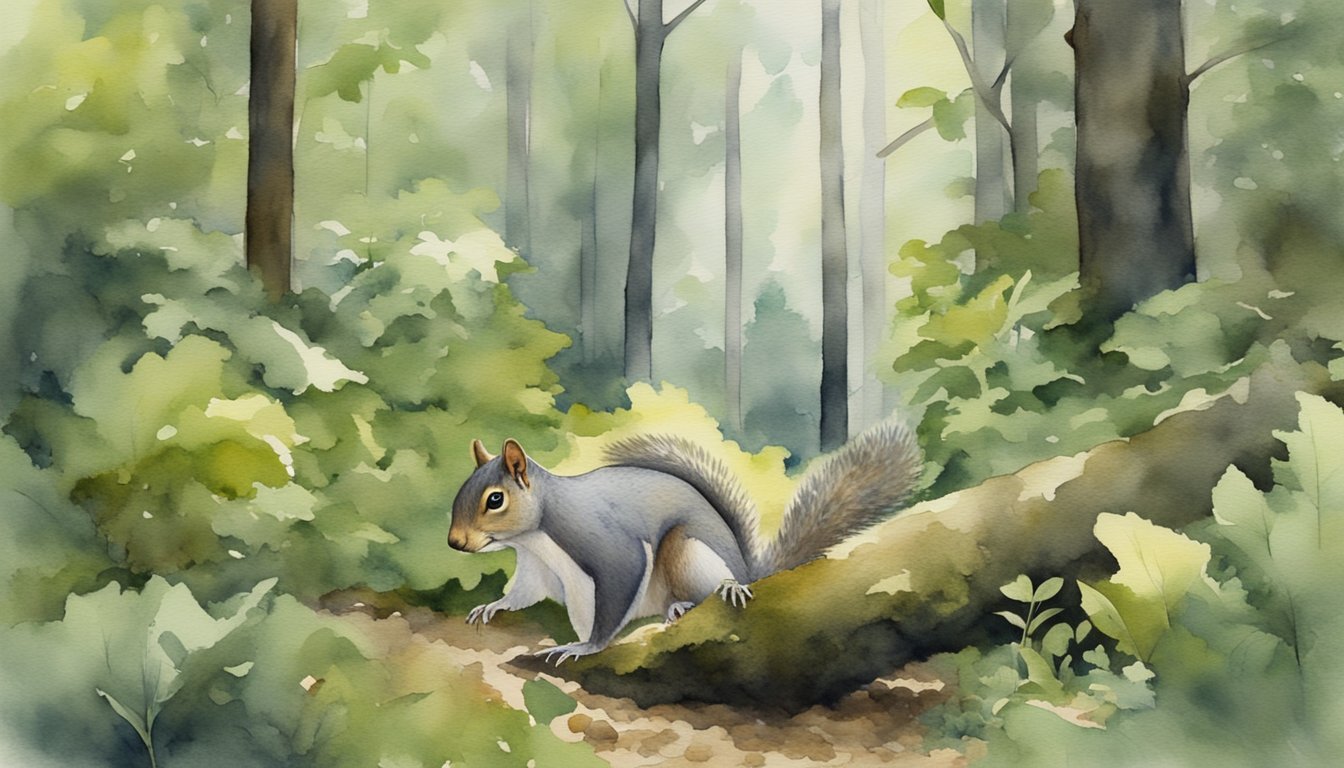 Squirrel in misty, lush forest watercolor.