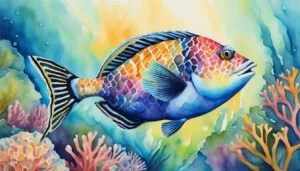 Colorful tropical fish in watercolor coral reef scene.