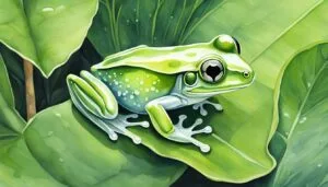 Vibrant green tree frog on lush leaves illustration.