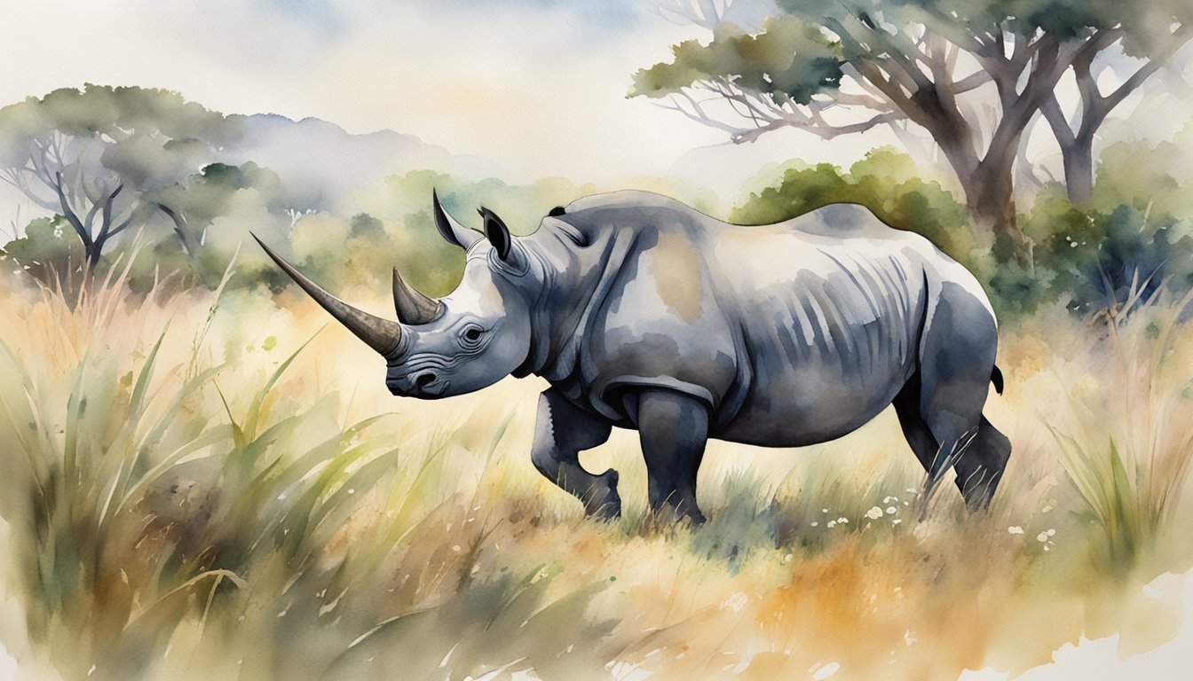 Rhino walking in misty, watercolor savannah landscape.