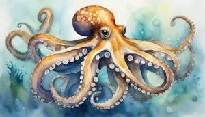 Watercolor octopus with swirling tentacles in blue backdrop.
