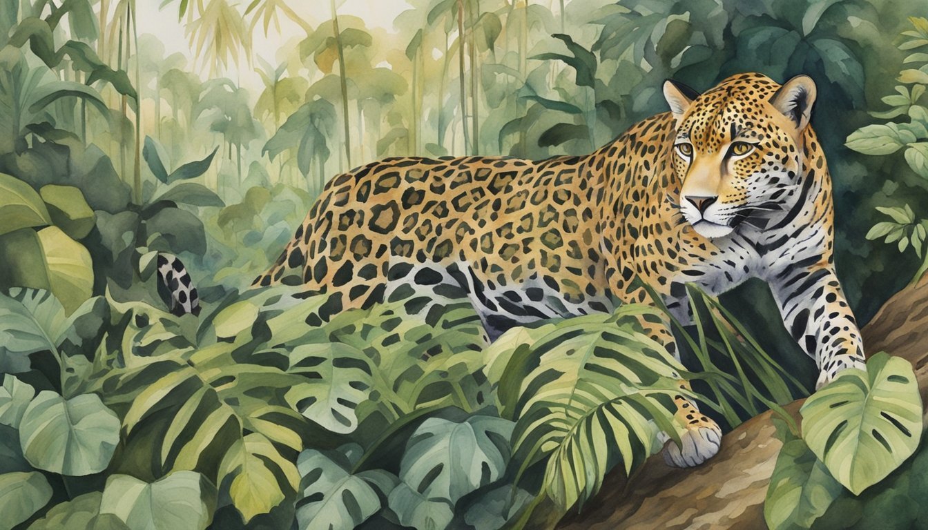 Jaguar in lush jungle, painted illustration.