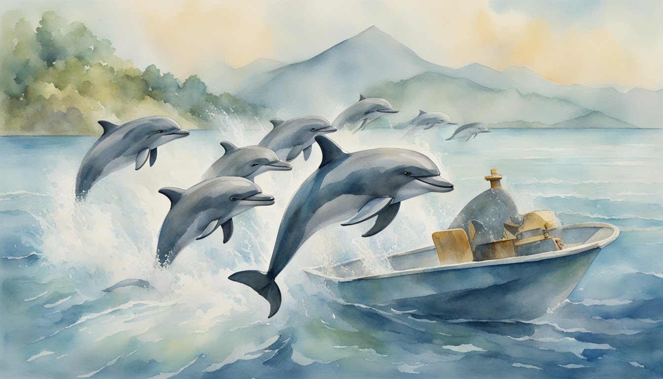 Dolphins leaping near boat in serene mountainous seascape.