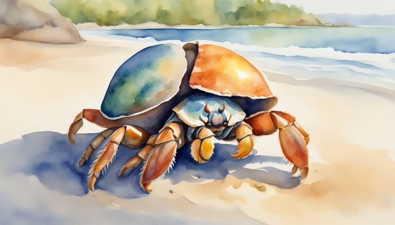 Colorful crab on sandy beach painting.