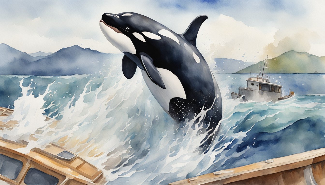 Orca leaping by boat in stormy sea, watercolor painting.