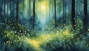 Mystical forest with moonlit path and glowing fireflies.