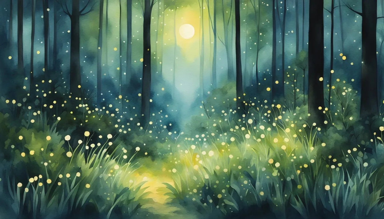 Mystical forest with moonlit path and glowing fireflies.
