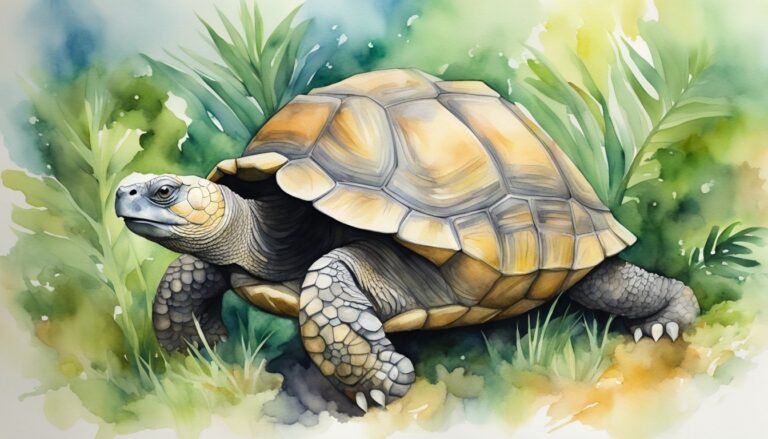 Tortoise walking through green, watercolor foliage.