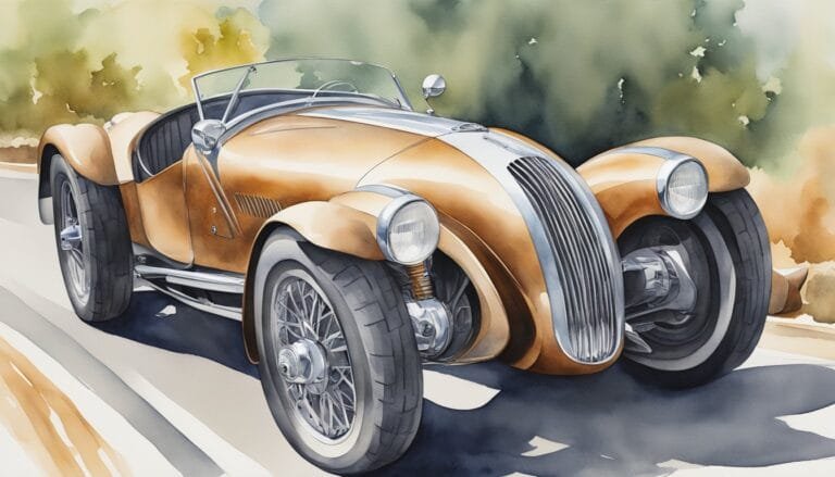 Vintage golden convertible car on scenic road.