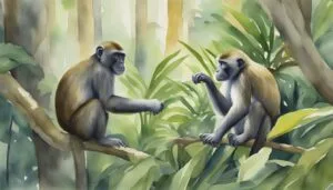 Two monkeys sitting on tree branches in lush forest.