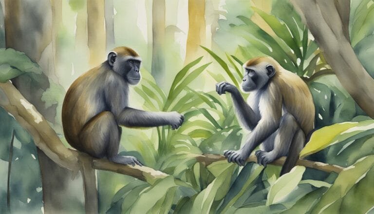 Two monkeys sitting on tree branches in lush forest.