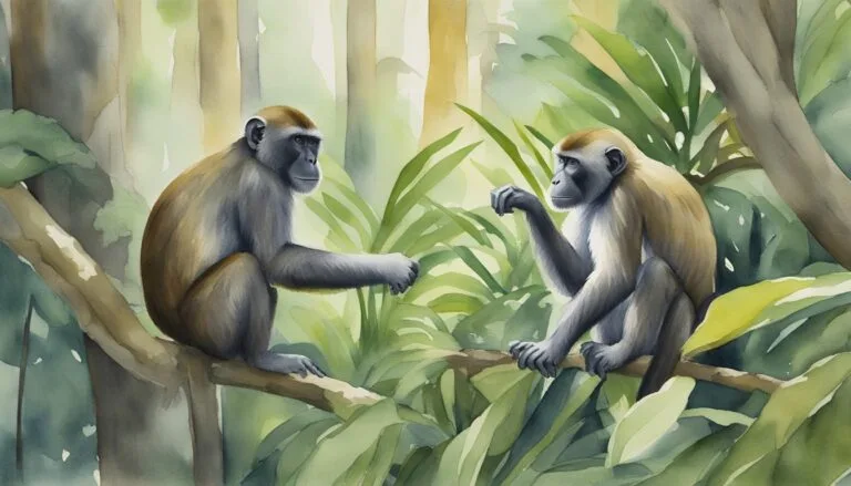 Two monkeys sitting on tree branches in lush forest.