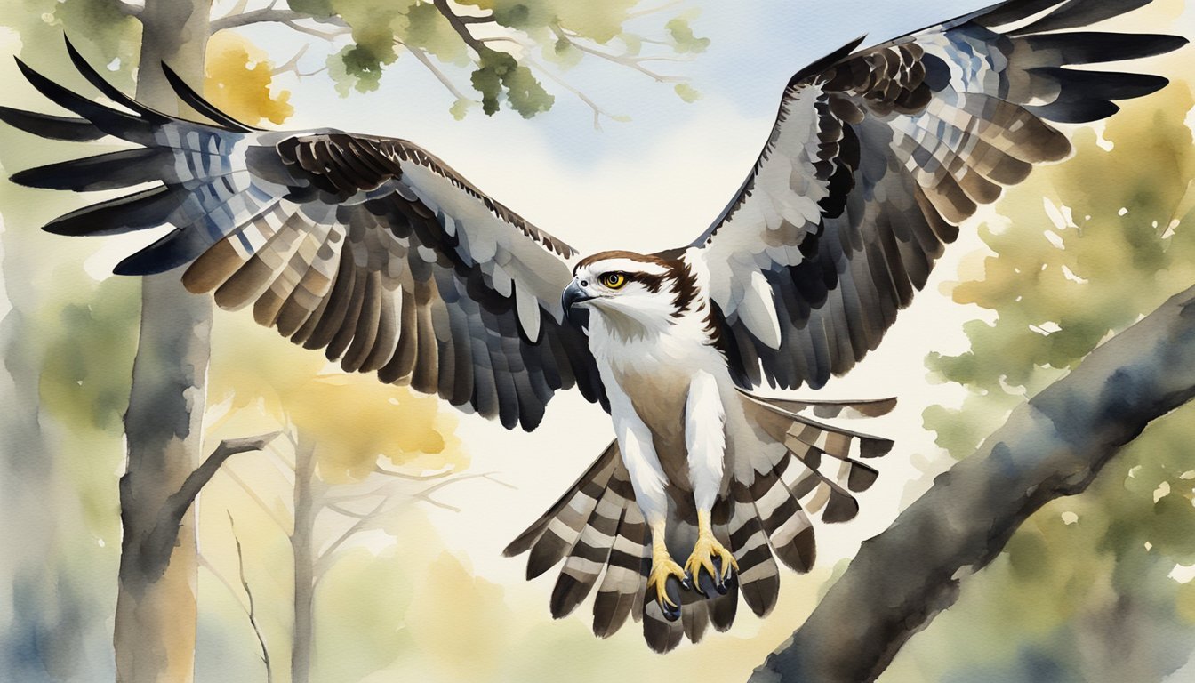 Osprey in flight against watercolor forest backdrop.