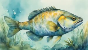 Watercolor painting of a vibrant fish swimming underwater.