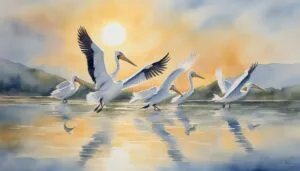 Pelicans taking flight at sunrise over reflective water.