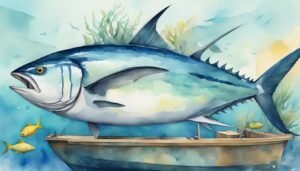 Giant tuna overlaps small boat in surreal watercolor painting.