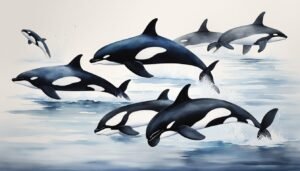 Pod of orcas swimming and jumping in watercolor illustration.