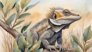 Watercolor illustration of iguana among foliage.