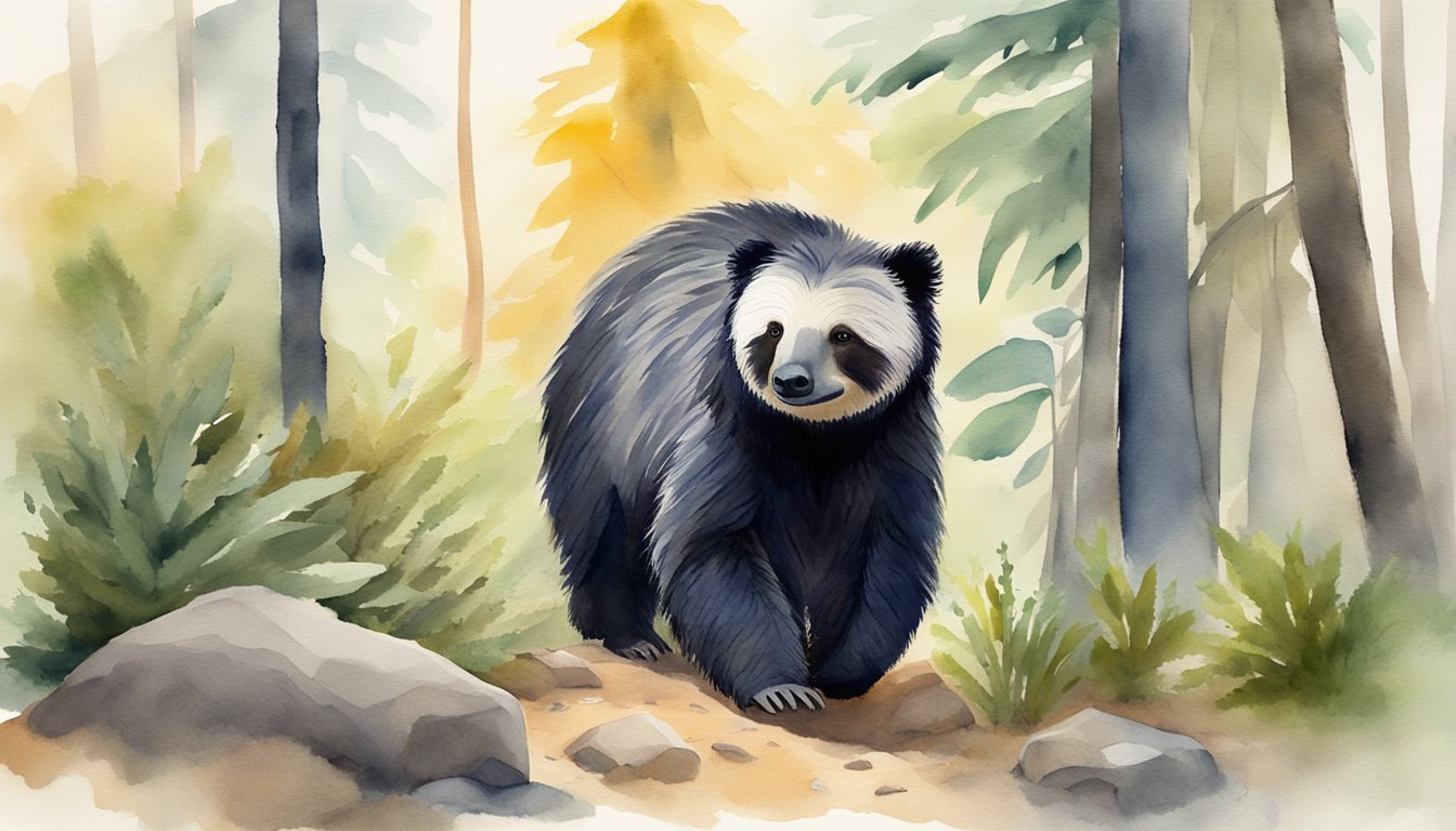 Watercolor painting of bear in a misty forest.