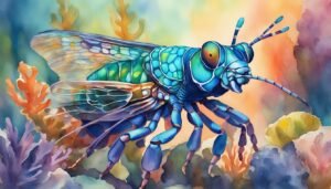 Colorful watercolor painting of a stylized insect.