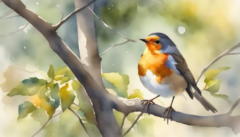 Watercolor painting of robin on a branch.