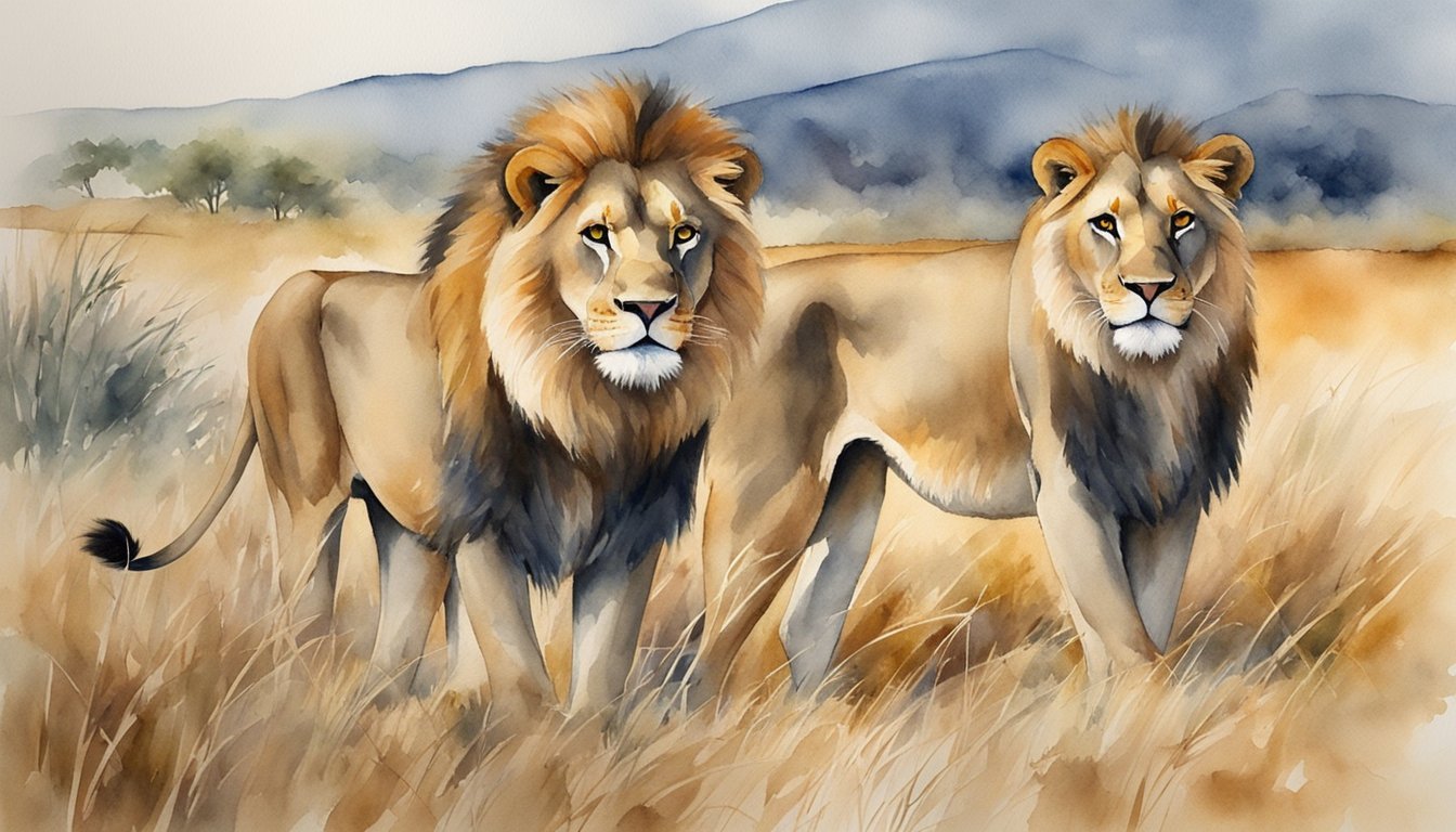 Two lions in savannah watercolor painting.