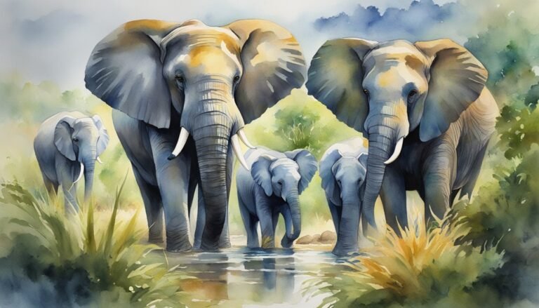 Family of elephants crossing watercolor river landscape.