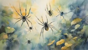 Watercolor painting of spiders on web among autumn leaves.