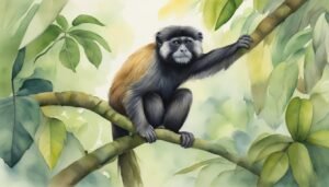 Watercolor painting of a monkey on a tree branch.