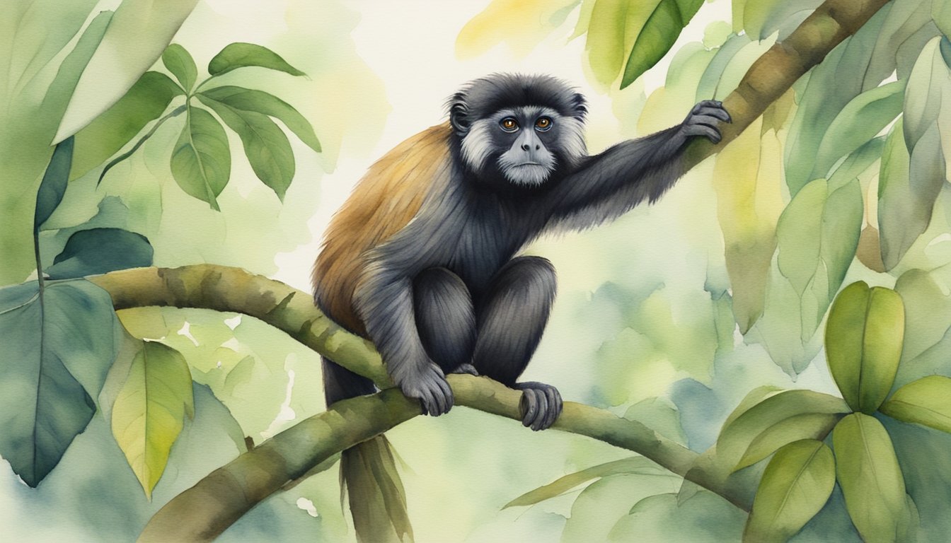 Watercolor painting of a monkey on a tree branch.