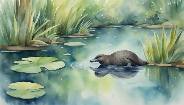 Platypus swimming in serene watercolor pond with lily pads.