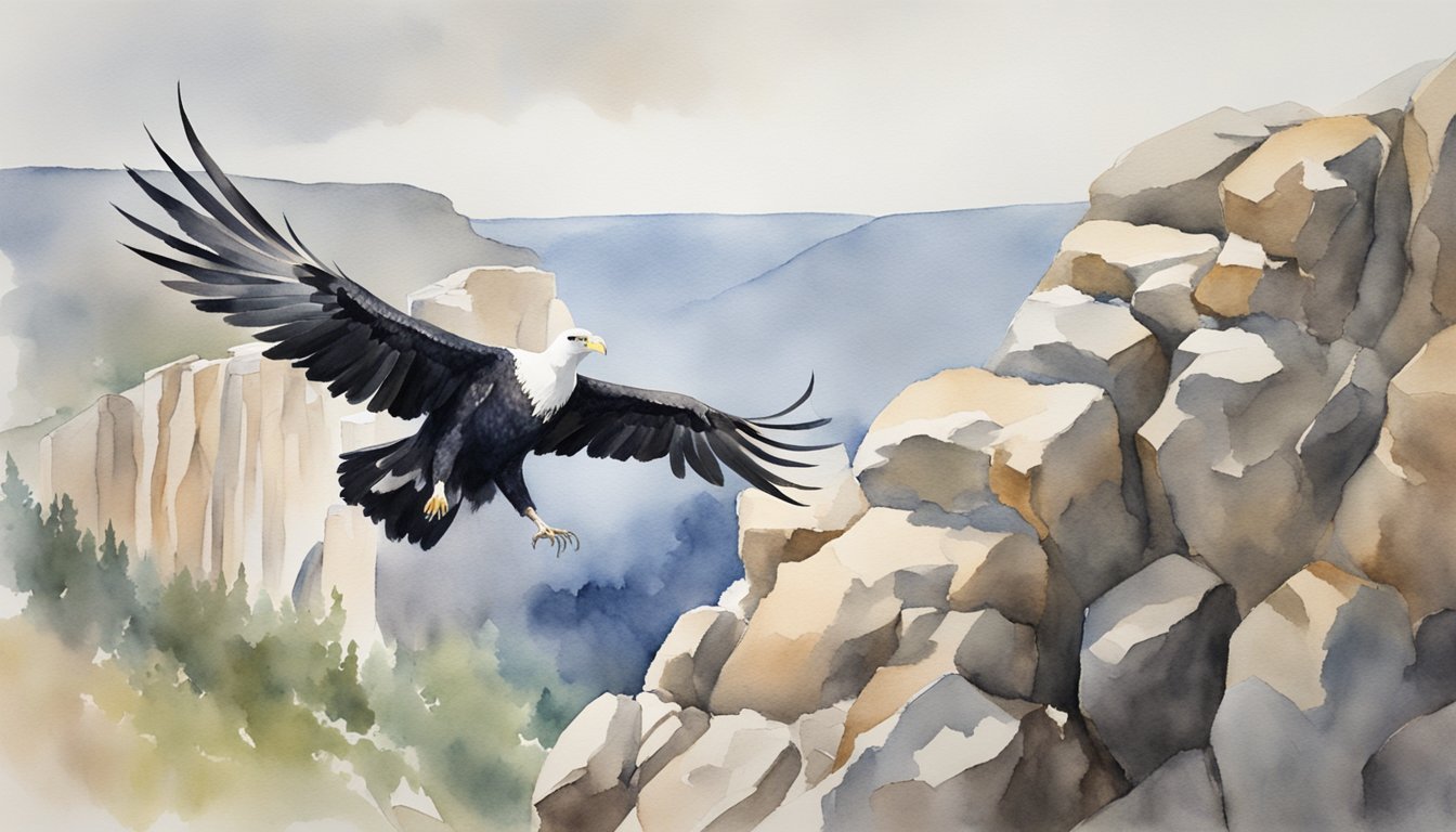 Eagle soaring over mountainous landscape in watercolor.