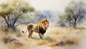 Majestic lion standing in misty, watercolor savannah landscape.