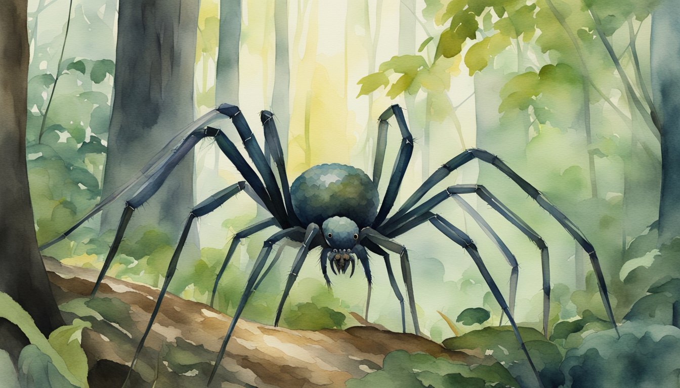 Watercolor painting of a large spider in a forest.