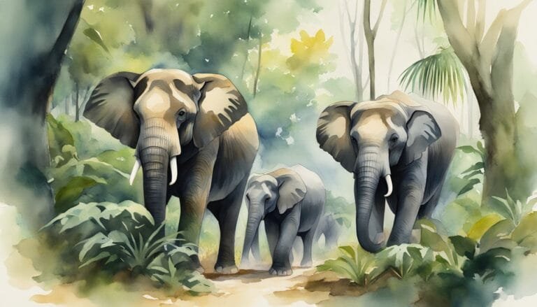 Watercolor painting of elephants in a lush forest.