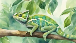 Colorful chameleon on branch in watercolor illustration